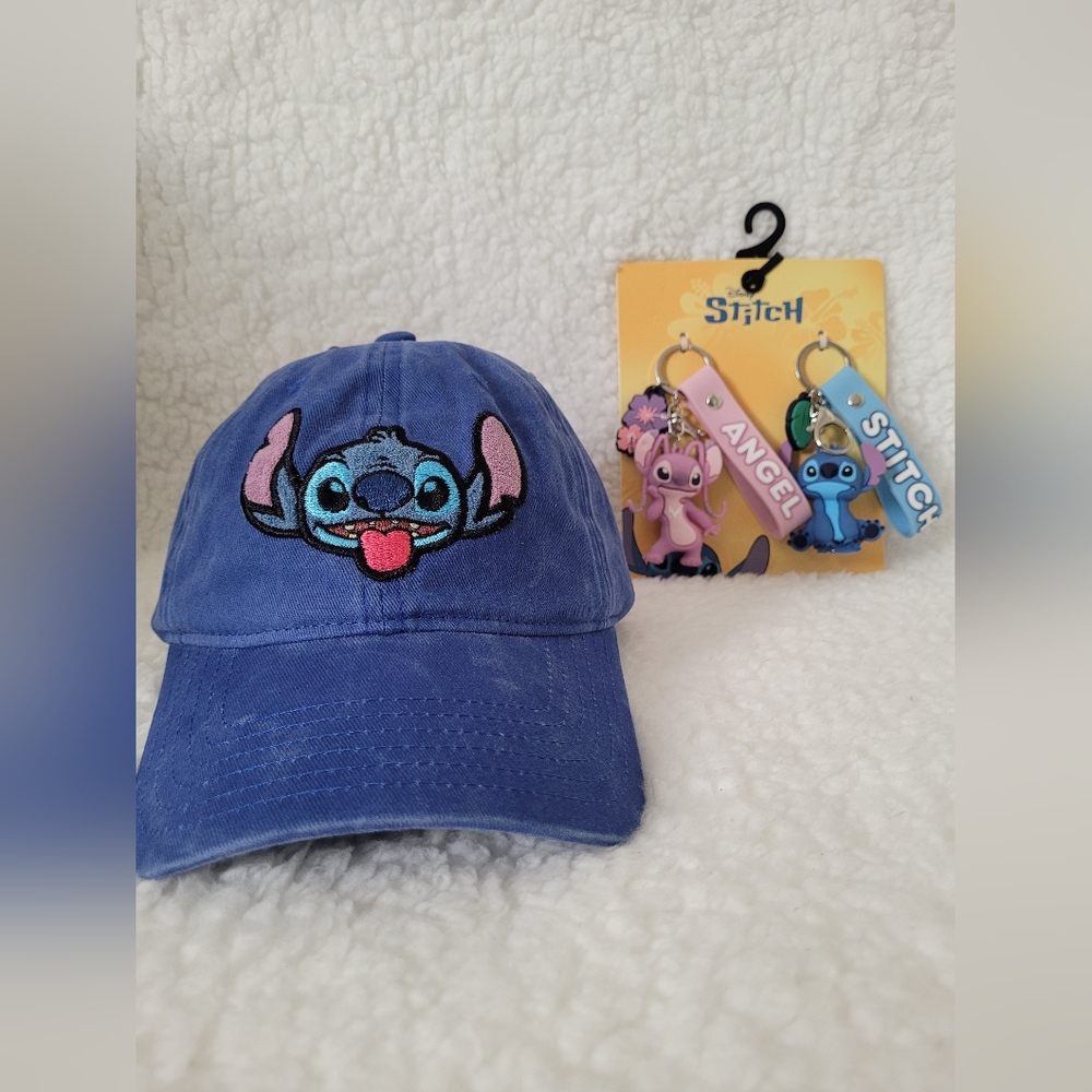 Disney Blue Cap with Stitch Embroidery And 2 Stitch Bag Charm SET